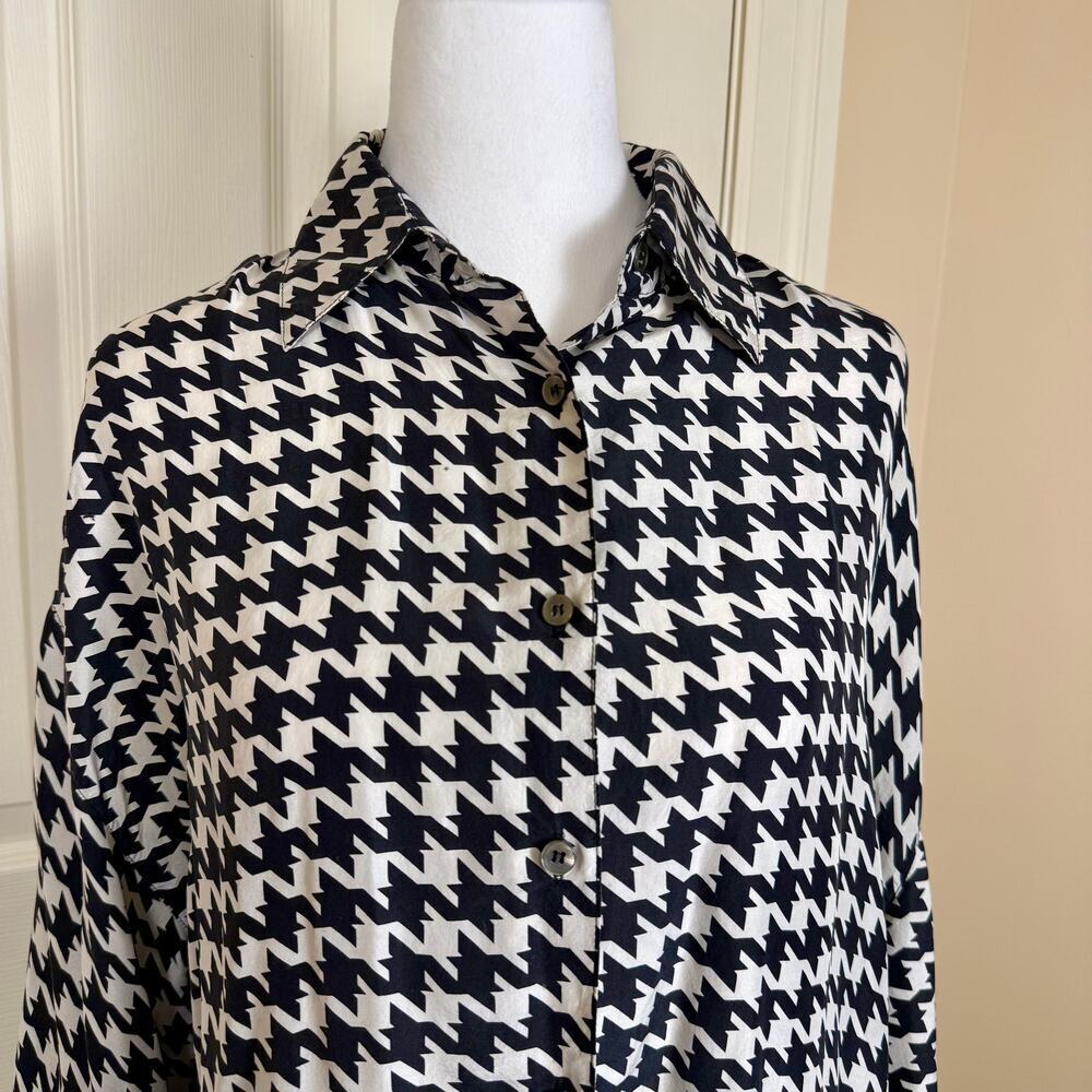 Vintage 100% Silk Express Houndstooth Print Button Down Shirt Oversized 90's M - Picture 4 of 9